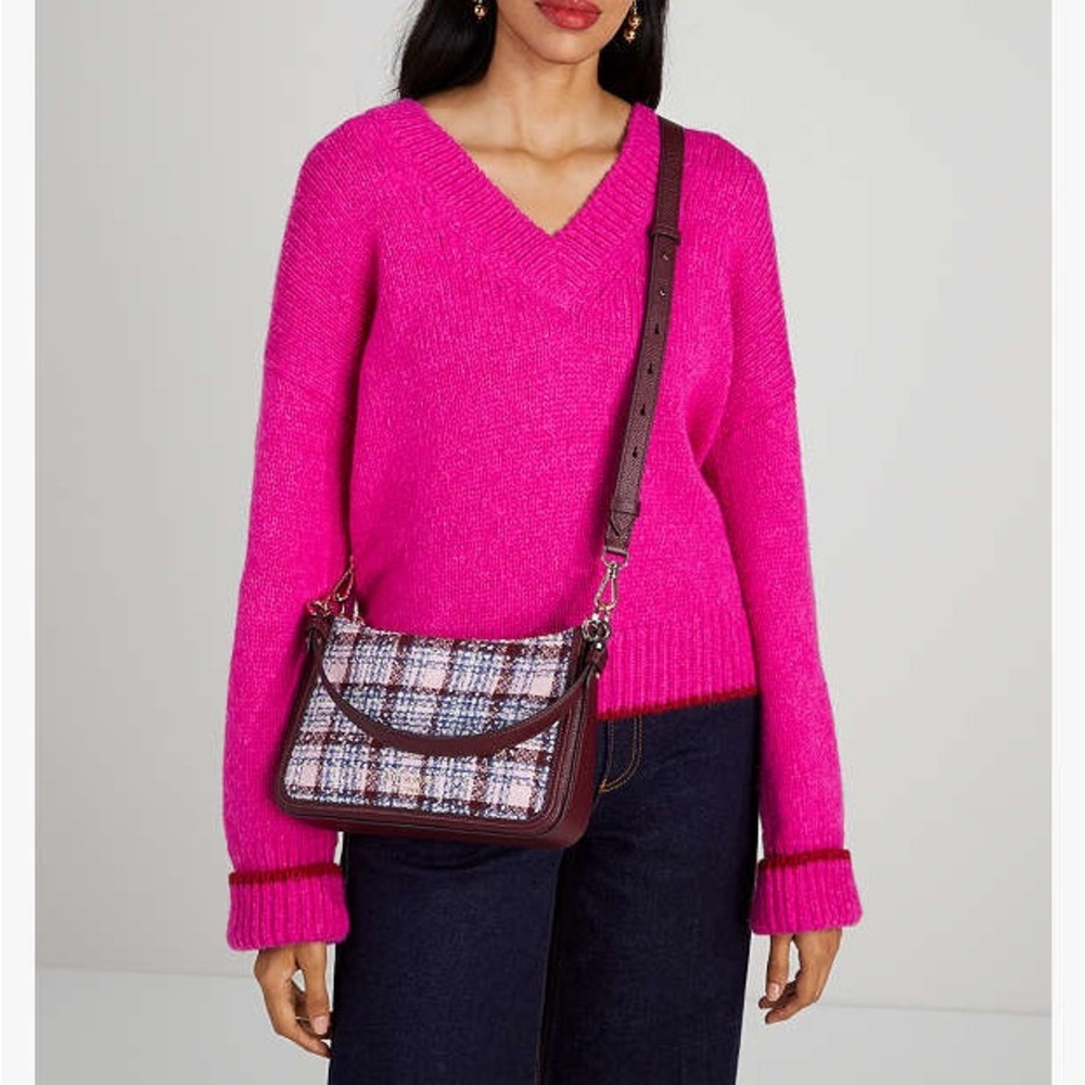 Kate Spade Stylish Plaid Shoulder Bag - Burgundy and White